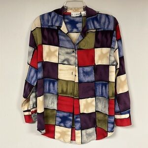 Le Caviar Vintage Multicolor block print  Button Down Long Sleeve Shirt Size S/M